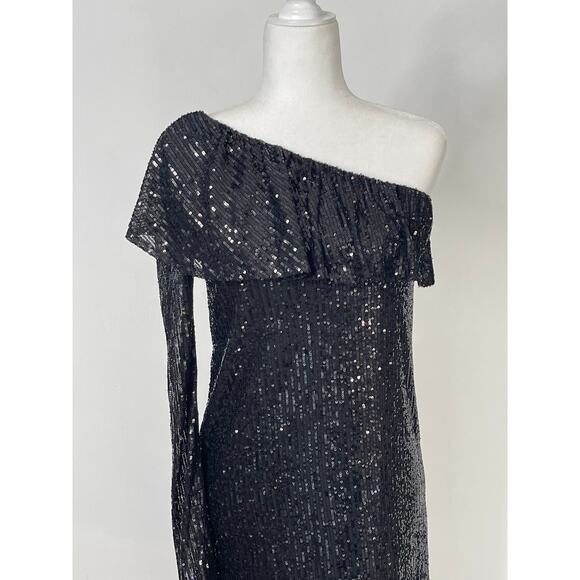 Nasty Gal One Shoulder Long Sleeve Black Sequin Mini Dress Size Large New - Picture 3 of 9